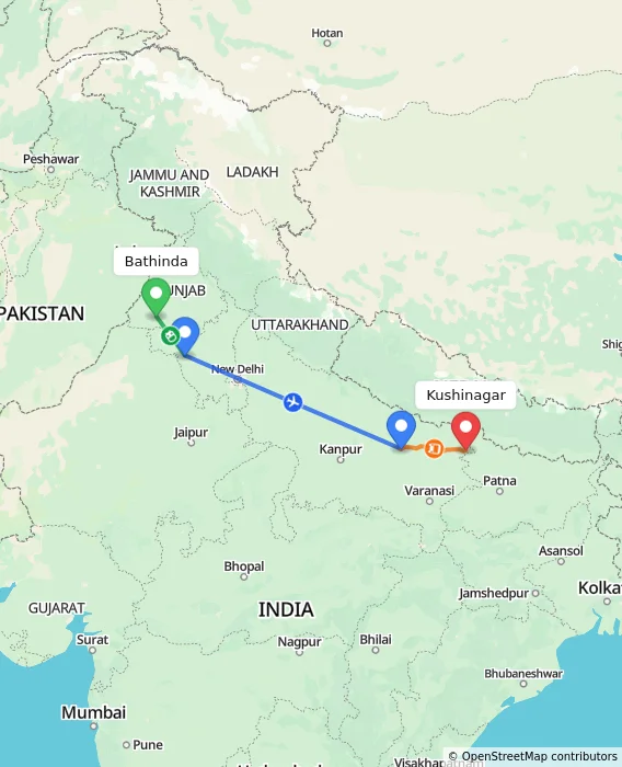Route map showing distance and travel time from Bathinda, India to Kushinagar, India