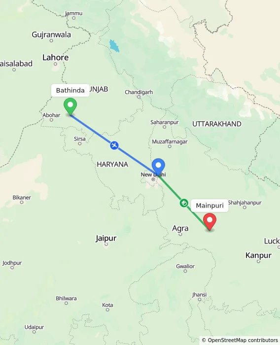 Route map showing distance and travel time from Bathinda, India to Mainpuri, India