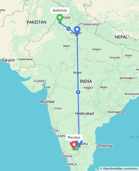 Route map showing distance and travel time from Bathinda, India to Mandya, India