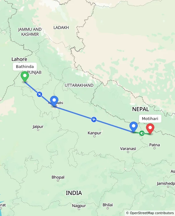 Route map showing distance and travel time from Bathinda, India to Motihari, India