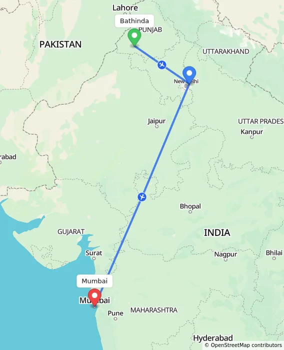 Route map showing distance and travel time from Bathinda, India to Mumbai, India