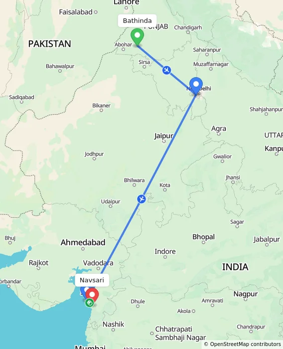 Route map showing distance and travel time from Bathinda, India to Navsari, India