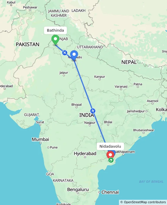Route map showing distance and travel time from Bathinda, India to Nidadavolu, India
