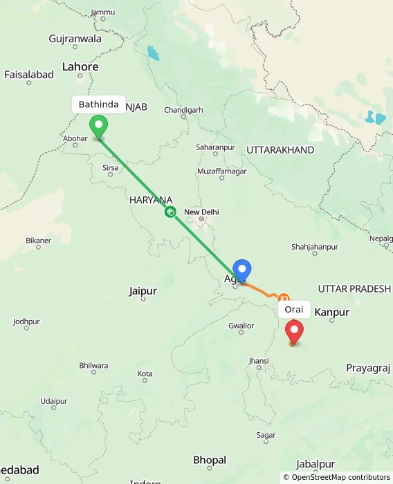 Route map showing distance and travel time from Bathinda, India to Orai, India