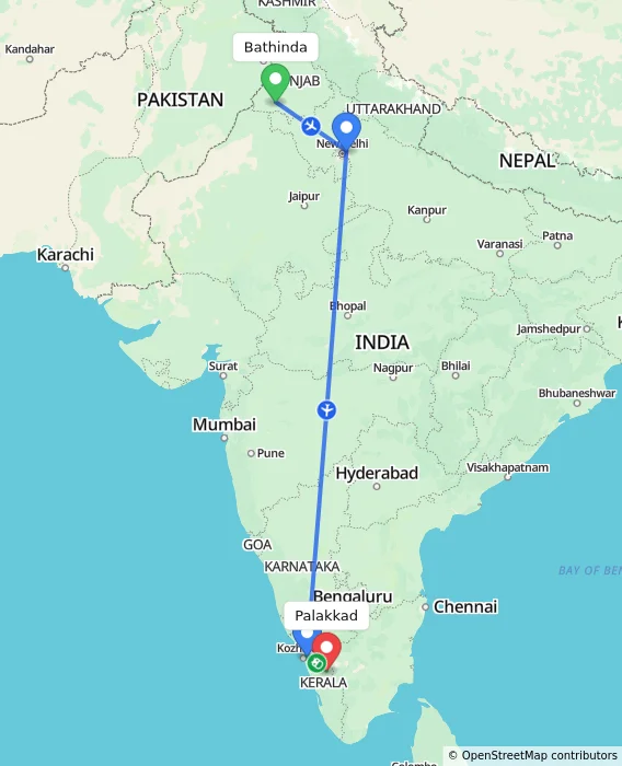 Route map showing distance and travel time from Bathinda, India to Palakkad, India