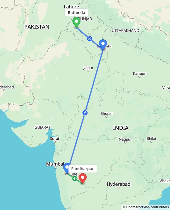 Route map showing distance and travel time from Bathinda, India to Pandharpur, India