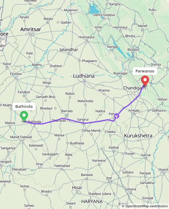 Route map showing distance and travel time from Bathinda, India to Parwanoo, India