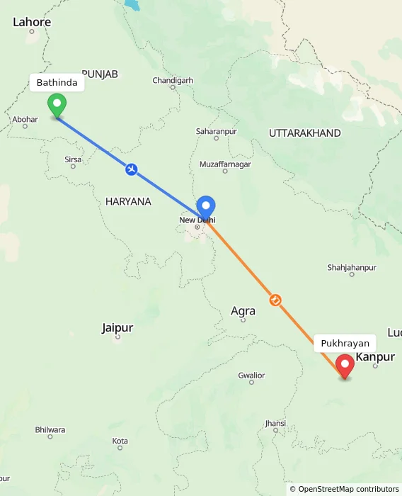 Route map showing distance and travel time from Bathinda, India to Pukhrayan, India