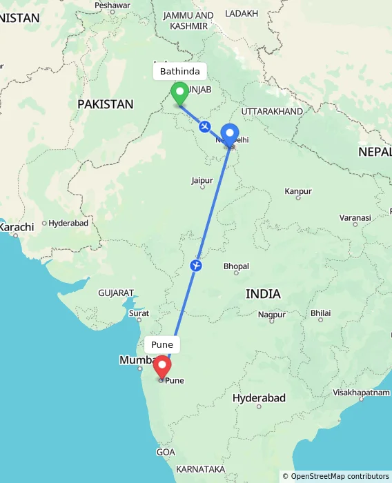 Route map showing distance and travel time from Bathinda, India to Pune, India
