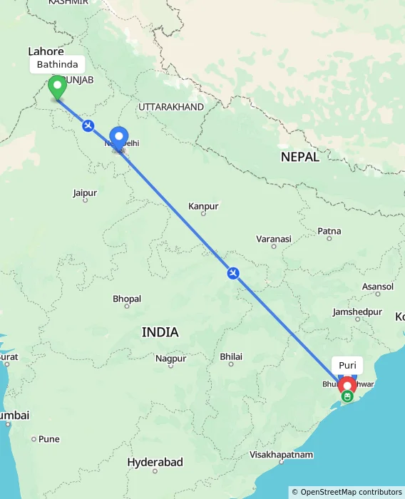 Route map showing distance and travel time from Bathinda, India to Puri, India