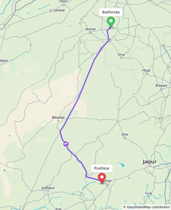 Route map showing distance and travel time from Bathinda, India to Pushkar, India