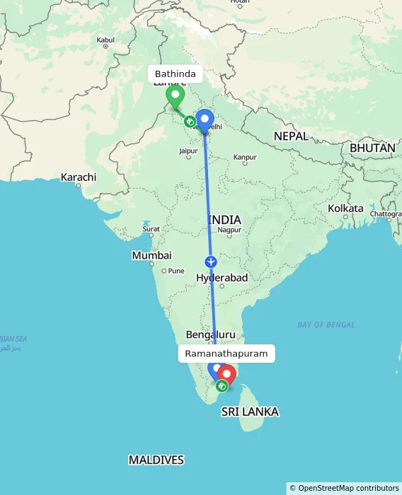 Route map showing distance and travel time from Bathinda, India to Ramanathapuram, India