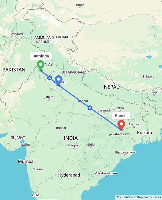 Route map showing distance and travel time from Bathinda, India to Ranchi, India
