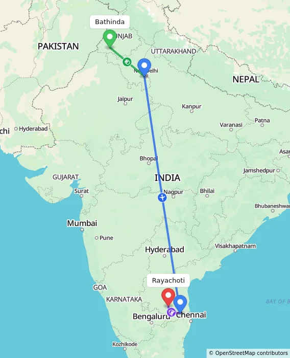 Route map showing distance and travel time from Bathinda, India to Rayachoti, India