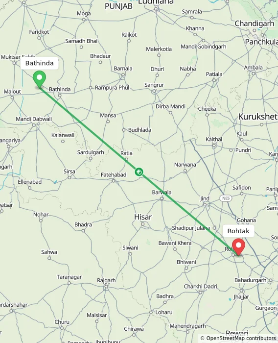 Route map showing distance and travel time from Bathinda, India to Rohtak, India