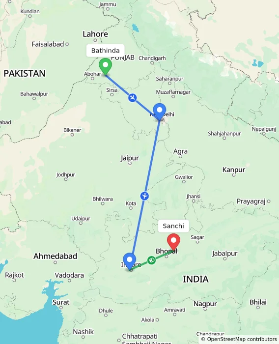 Route map showing distance and travel time from Bathinda, India to Sanchi, India