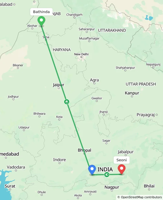 Route map showing distance and travel time from Bathinda, India to Seoni, India
