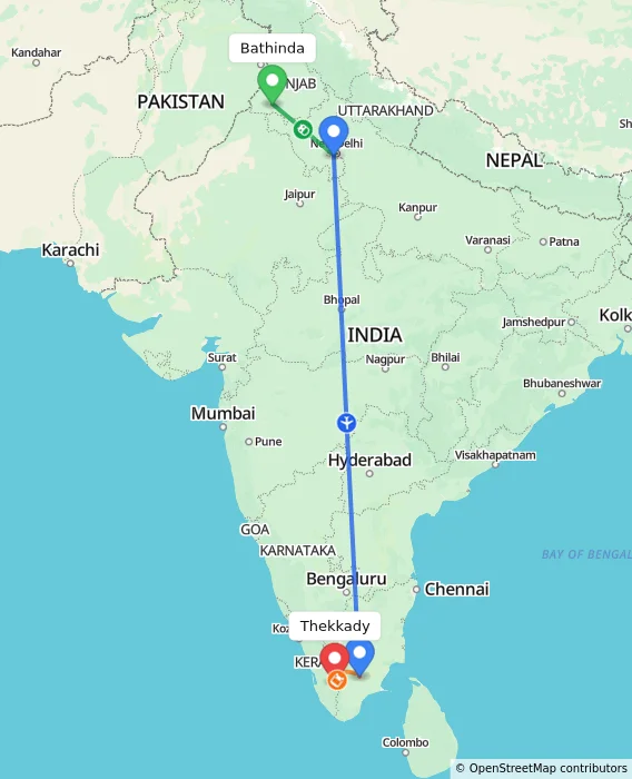 Route map showing distance and travel time from Bathinda, India to Thekkady, India