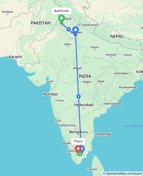 Route map showing distance and travel time from Bathinda, India to Theni, India