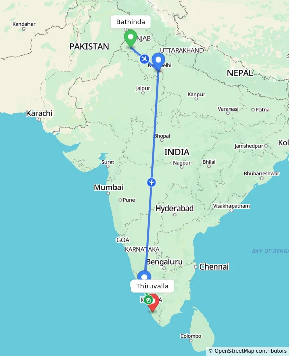 Route map showing distance and travel time from Bathinda, India to Thiruvalla, India