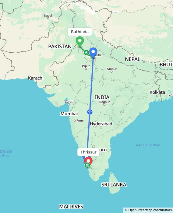 Route map showing distance and travel time from Bathinda, India to Thrissur, India