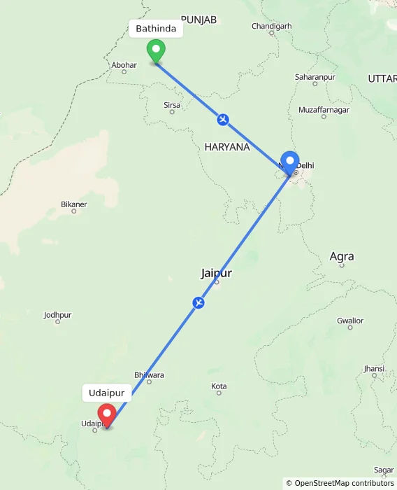 Route map showing distance and travel time from Bathinda, India to Udaipur, India