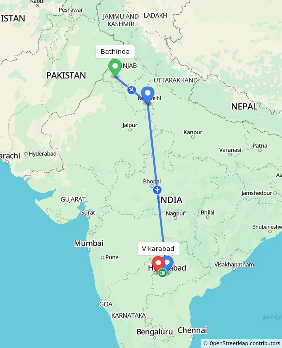 Route map showing distance and travel time from Bathinda, India to Vikarabad, India