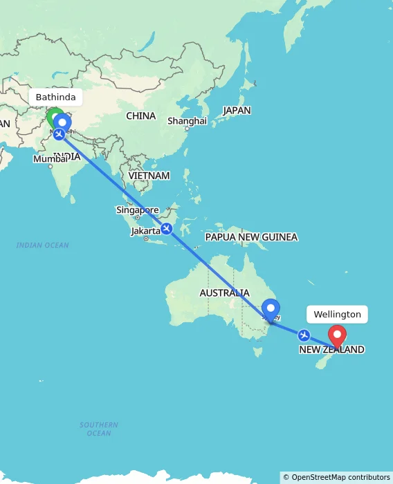 Route map showing distance and travel time from Bathinda, India to Wellington, New Zealand