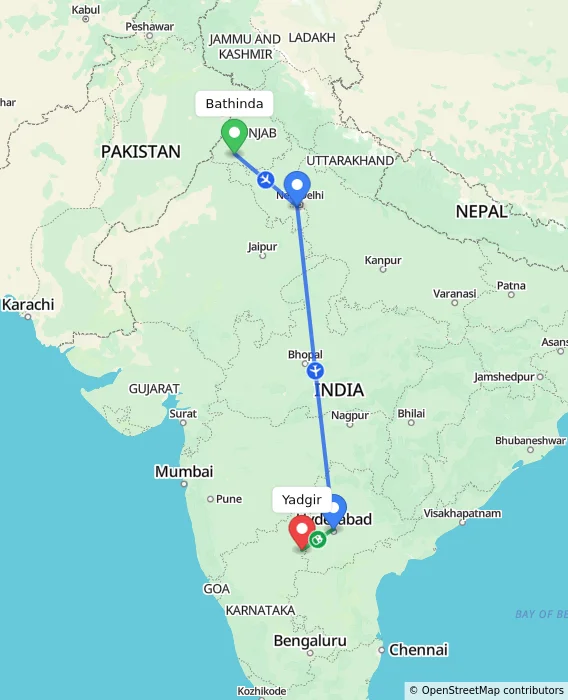 Route map showing distance and travel time from Bathinda, India to Yadgir, India