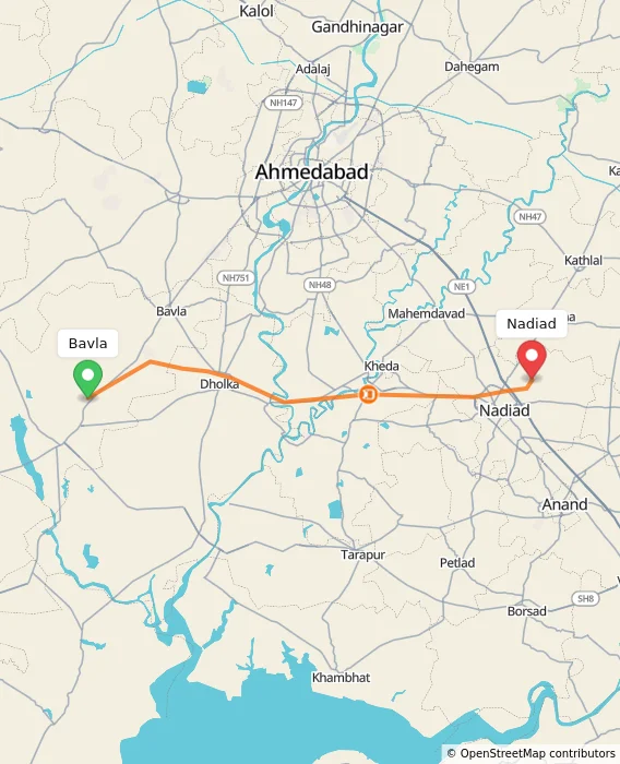 Route map showing distance and travel time from Bavla, India to Nadiad, India