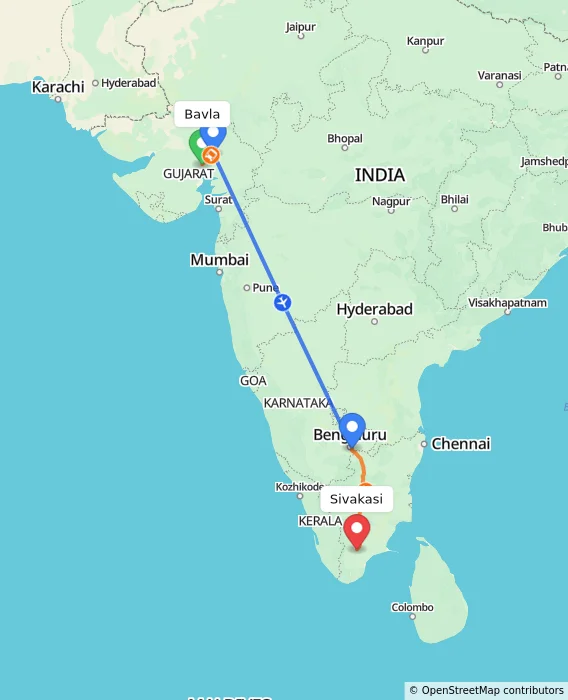 Route map showing distance and travel time from Bavla, India to Sivakasi, India