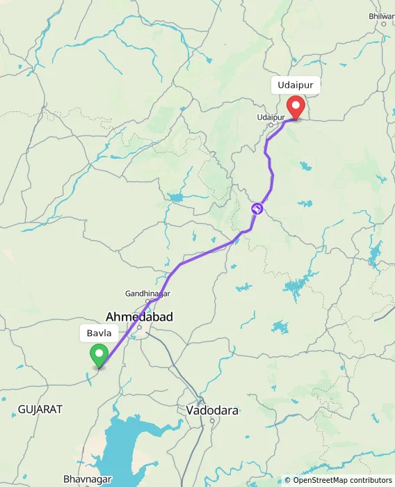 Route map showing distance and travel time from Bavla, India to Udaipur, India