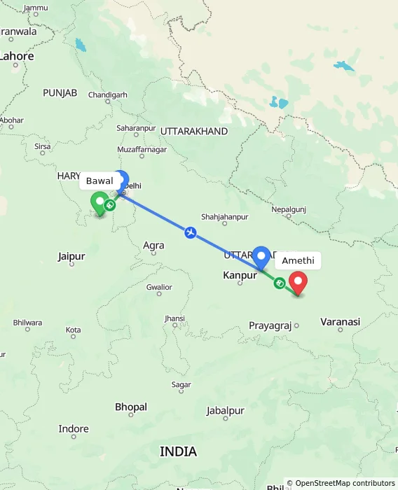 Route map showing distance and travel time from Bawal, India to Amethi, India
