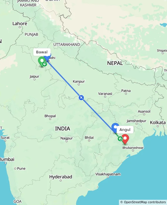 Route map showing distance and travel time from Bawal, India to Angul, India