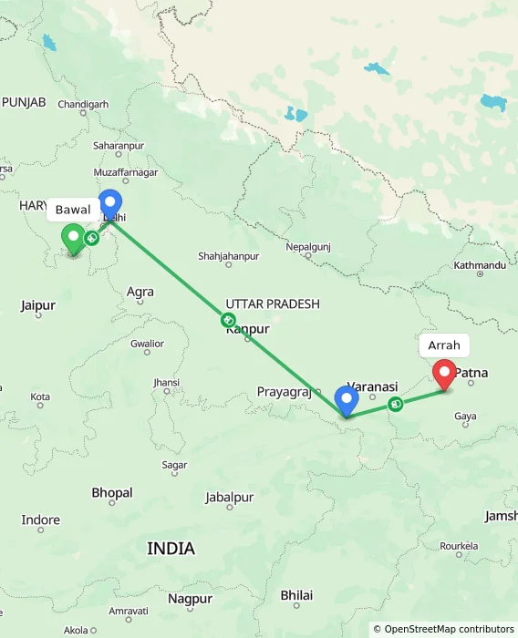 Route map showing distance and travel time from Bawal, India to Arrah, India