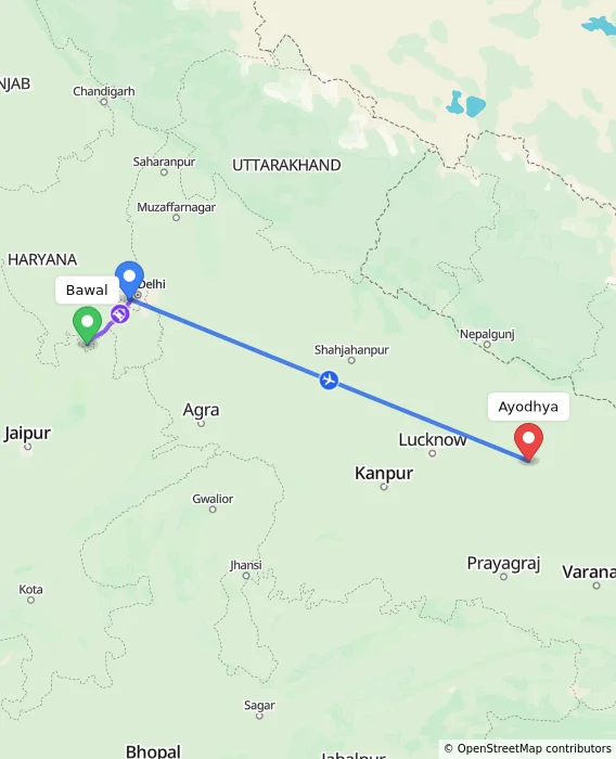 Route map showing distance and travel time from Bawal, India to Ayodhya, India