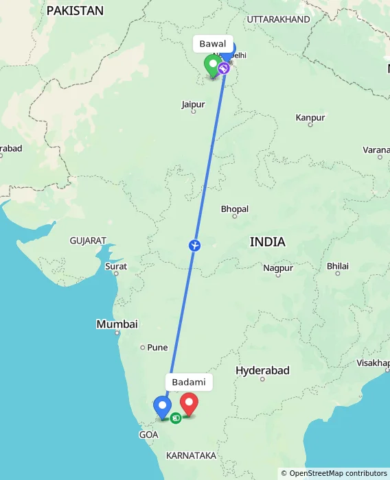 Route map showing distance and travel time from Bawal, India to Badami, India