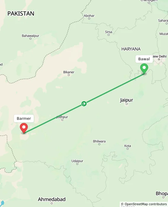 Route map showing distance and travel time from Bawal, India to Barmer, India