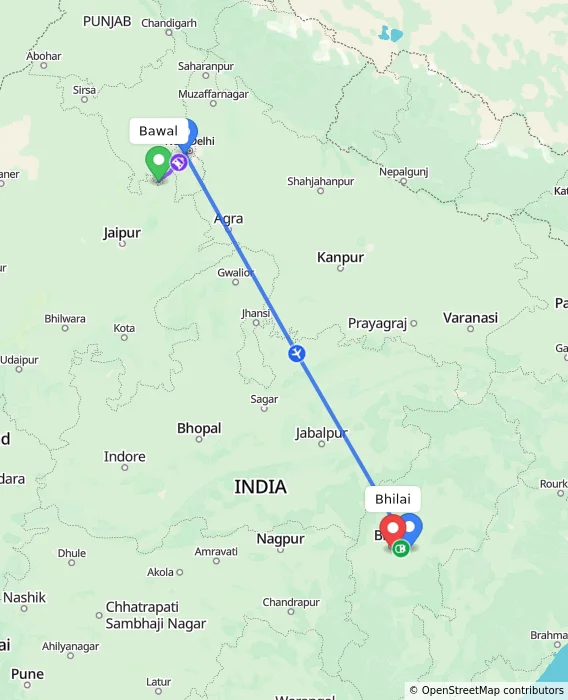 Route map showing distance and travel time from Bawal, India to Bhilai, India