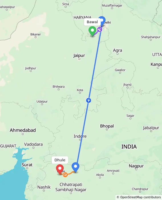 Route map showing distance and travel time from Bawal, India to Dhule, India