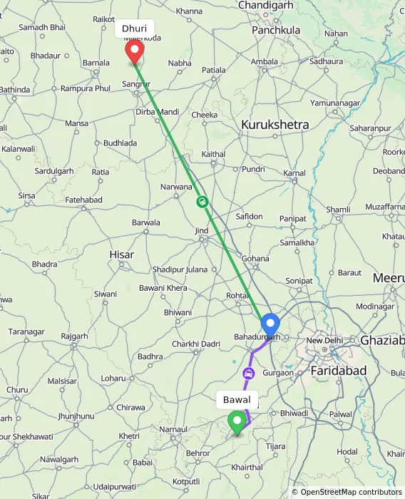 Route map showing distance and travel time from Bawal, India to Dhuri, India