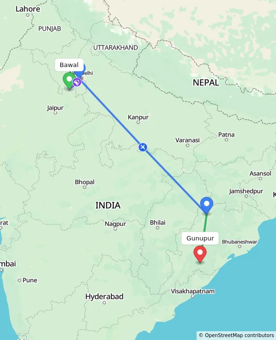 Route map showing distance and travel time from Bawal, India to Gunupur, India