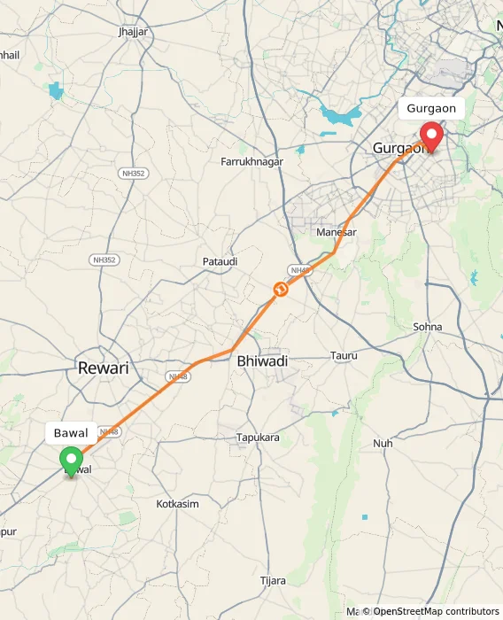 Route map showing distance and travel time from Bawal, India to Gurgaon, India