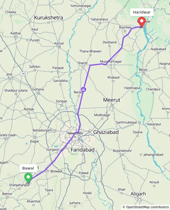 Route map showing distance and travel time from Bawal, India to Haridwar, India