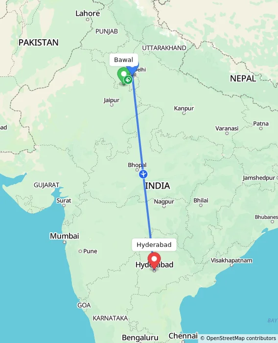 Route map showing distance and travel time from Bawal, India to Hyderabad, India