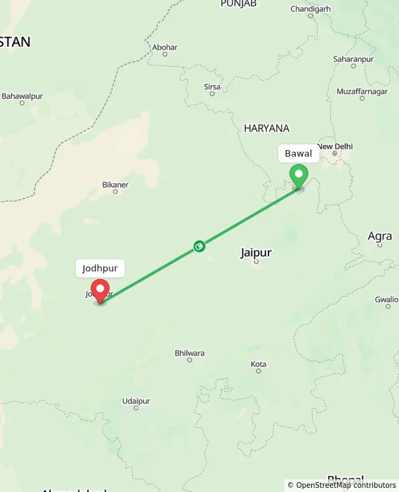 Route map showing distance and travel time from Bawal, India to Jodhpur, India