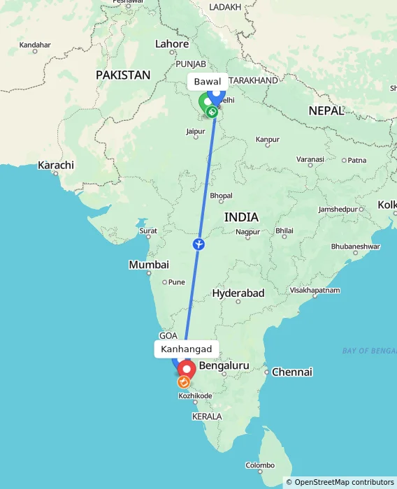 Route map showing distance and travel time from Bawal, India to Kanhangad, India