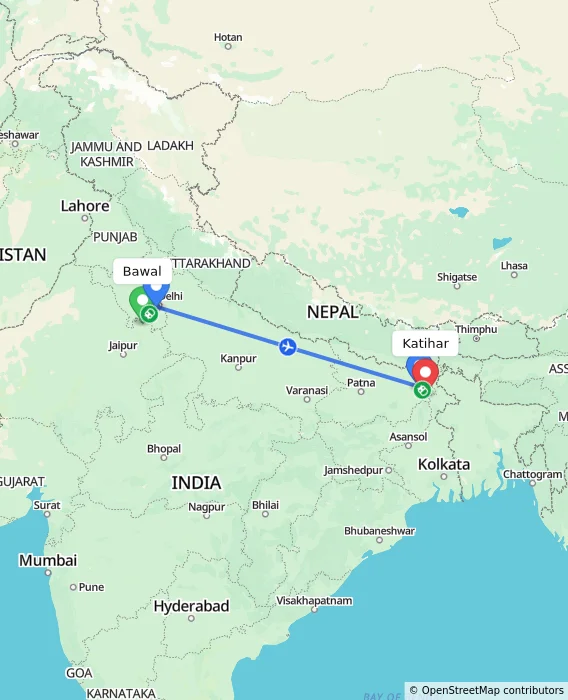 Route map showing distance and travel time from Bawal, India to Katihar, India