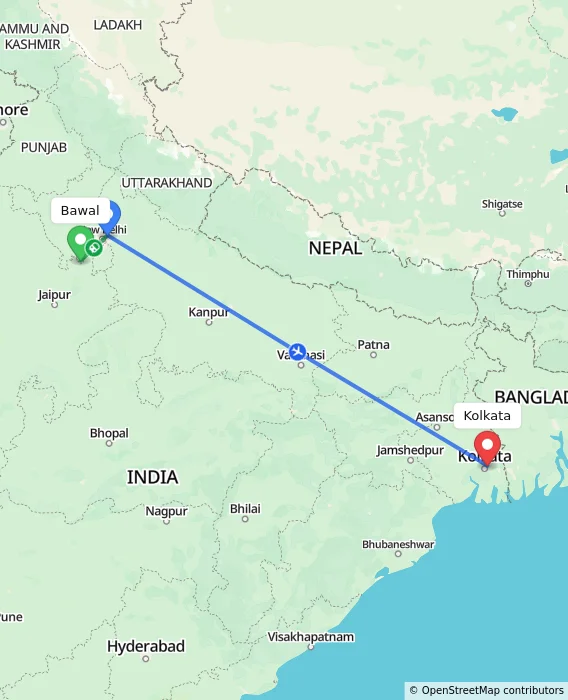 Route map showing distance and travel time from Bawal, India to Kolkata, India