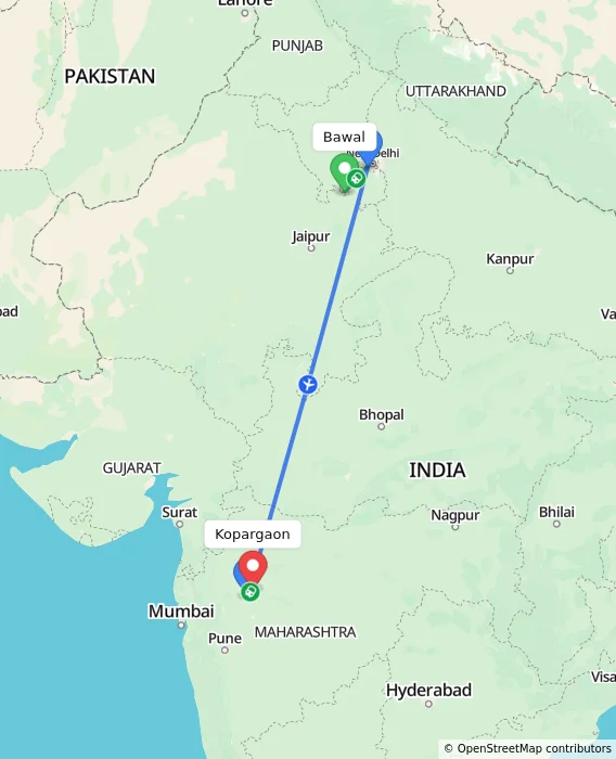 Route map showing distance and travel time from Bawal, India to Kopargaon, India